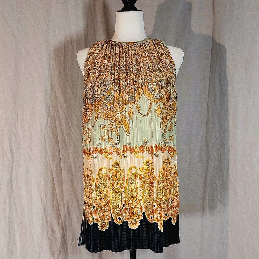 H&M pleated gold floral paisley sleeveless tunic, S, NWOT